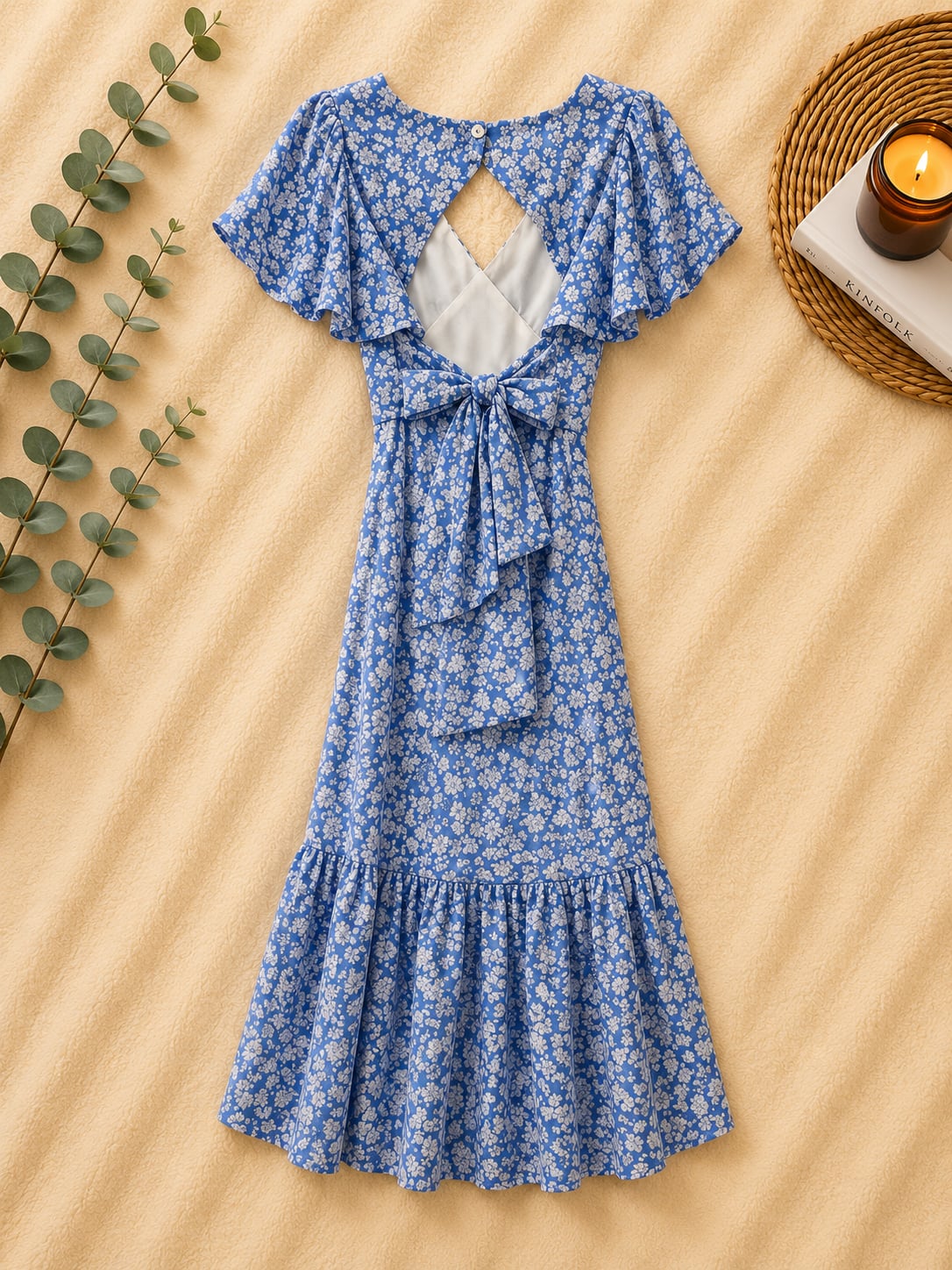 Altar'd State Bella Rosa Blue Ivory Floral Flutter Sleeve Midi Dress XS 3
