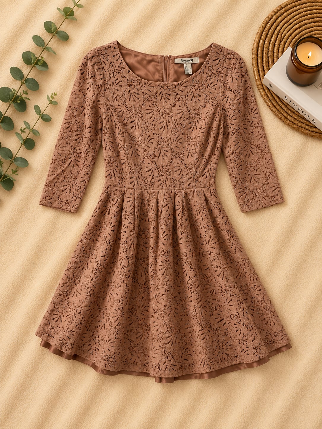 Forever 21 Brown Floral Lace 3/4 Sleeve Mini Dress 2