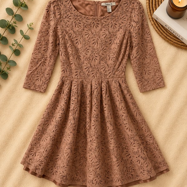 Forever 21 Brown Floral Lace 3/4 Sleeve Mini Dress