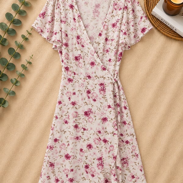 LC Lauren Conrad Pink Floral Flutter Sleeve V-Neck Wrap Dress Size S