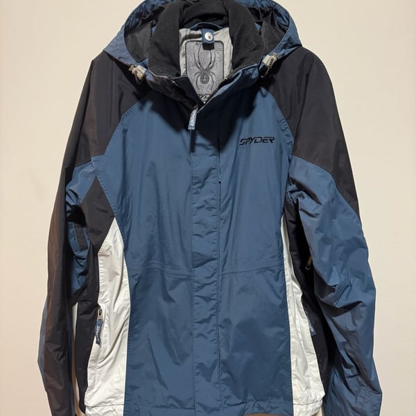 Spyder Men’s Ski Snow Jacket Blue Black White Colorblock Removable Hood
