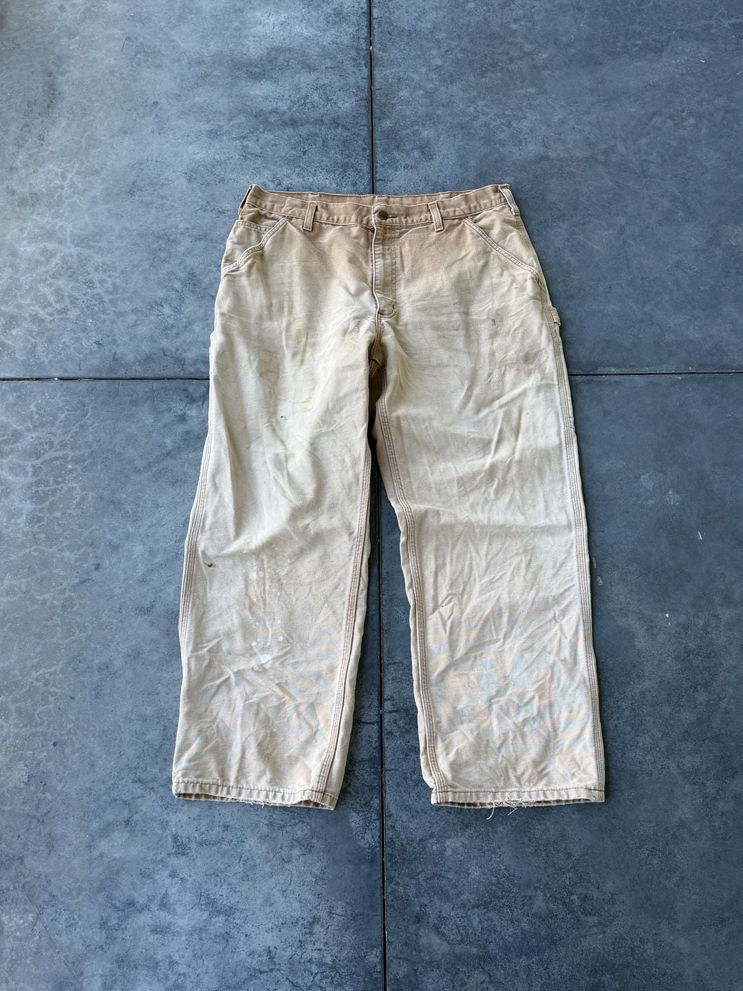 Carhartt Vintage Distressed Tan Canvas Work Pants Carpenter Dungarees Size 36x30 2