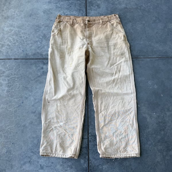Carhartt Vintage Distressed Tan Canvas Work Pants Carpenter Dungarees Size 36x30