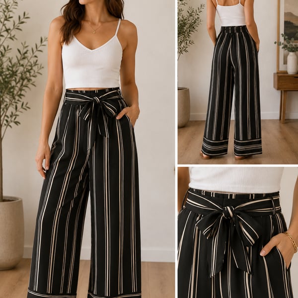 No Comment Black and White Striped Wide Leg Pants with Tie Waist, Size L