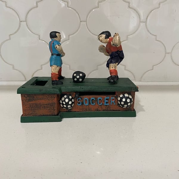 Vintage Cast Iron Mechanical Soccer Coin Bank Reproduction