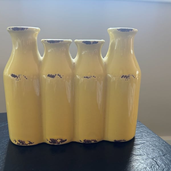 Yellow Ceramic 4-Bottle Connected Bud Vase Distressed Farmhouse Decor