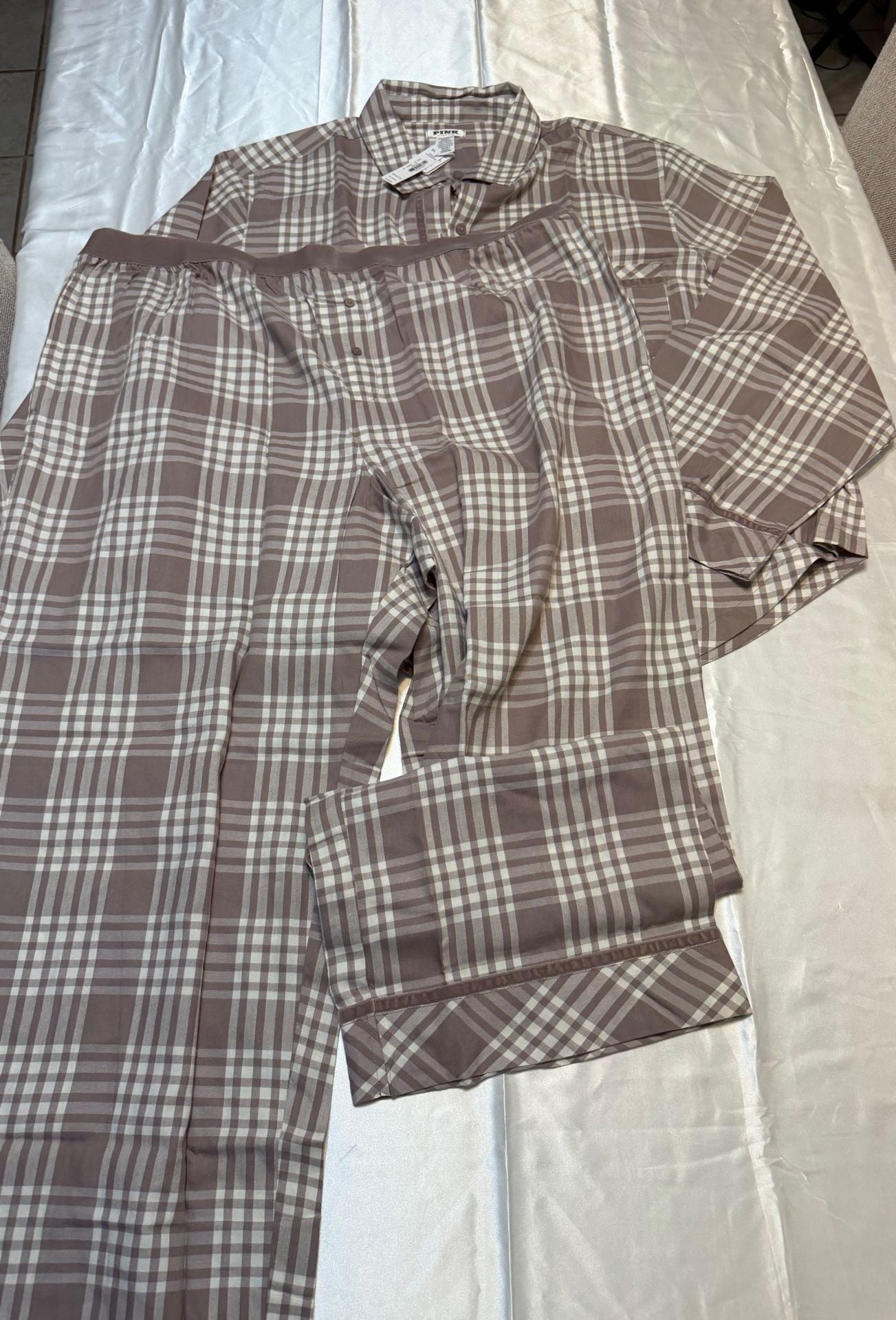 Pink Victoria's Secret Plaid 2-Piece Pajama Set Brown White XXL 1