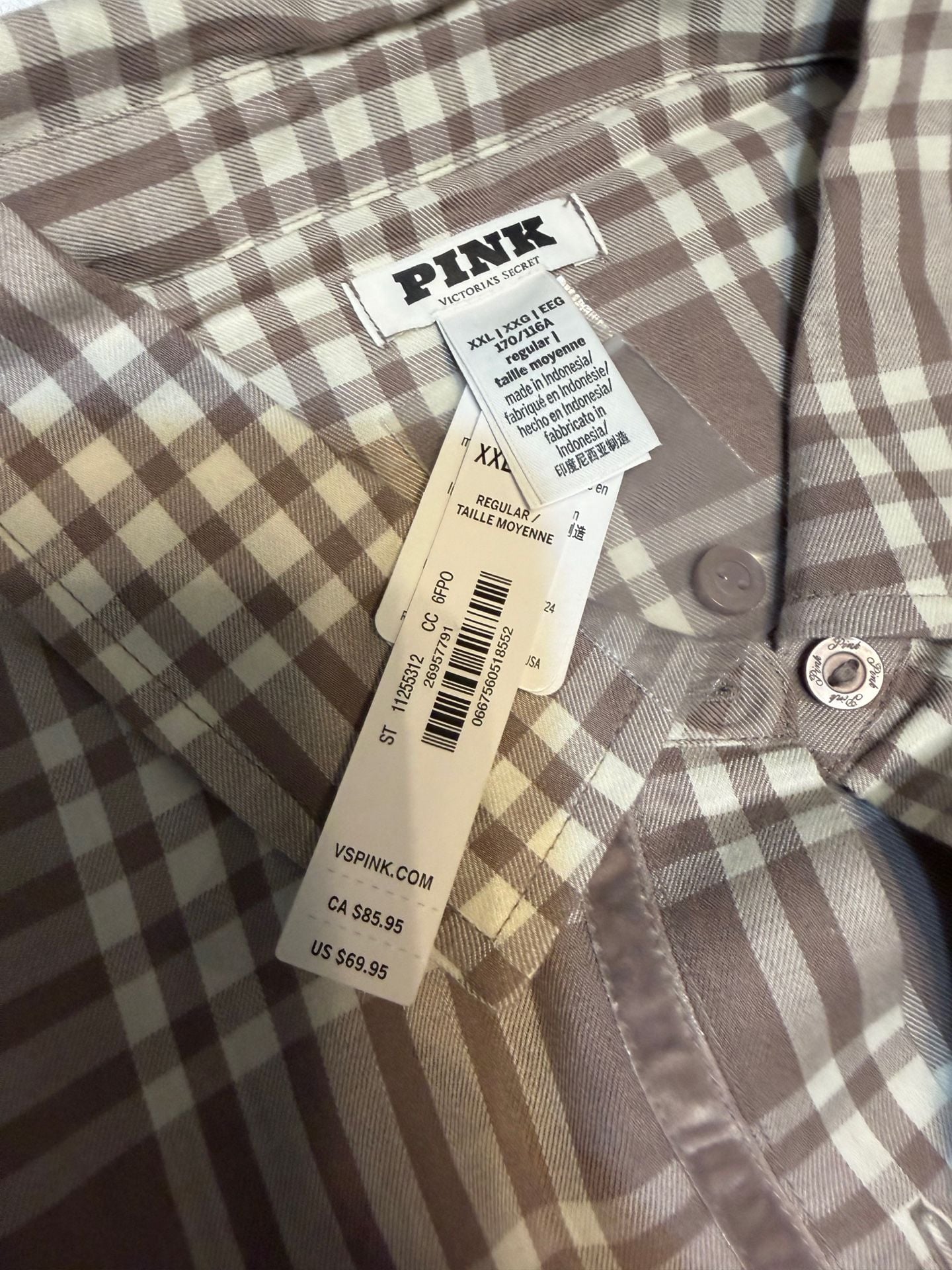 Pink Victoria's Secret Plaid 2-Piece Pajama Set Brown White XXL 4