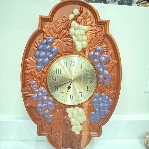 Vintage Hand Crafted Wood Carved Grapevine Quartz Wall Clock
