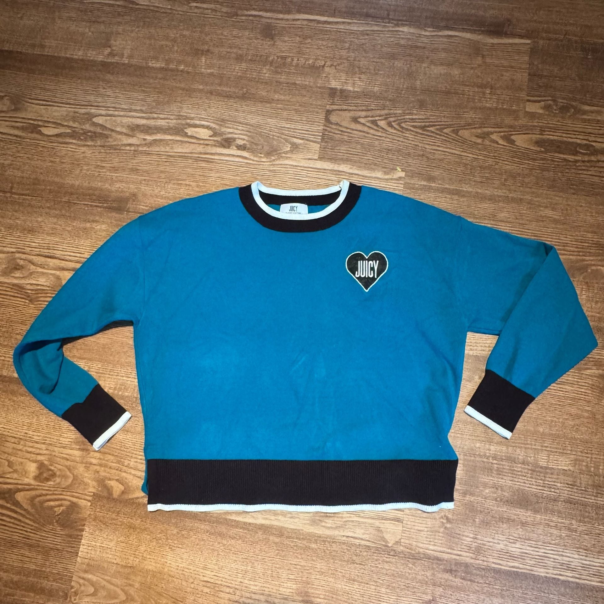 Juicy Couture Women’s Small Teal Blue Heart Logo Crewneck Sweater Y2K 4