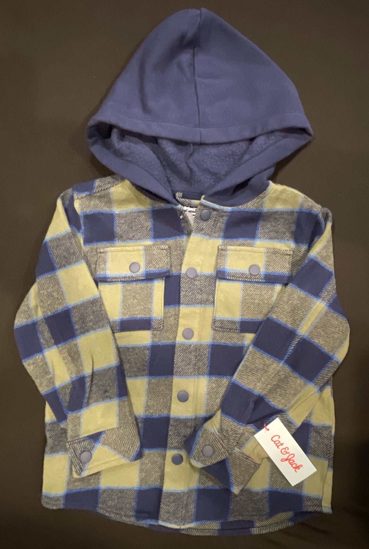 Cat & Jack Boys Green/Navy Plaid Hooded Flannel Shirt Jacket XS 4/5 2