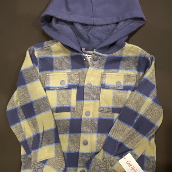 Cat & Jack Boys Green/Navy Plaid Hooded Flannel Shirt Jacket XS 4/5