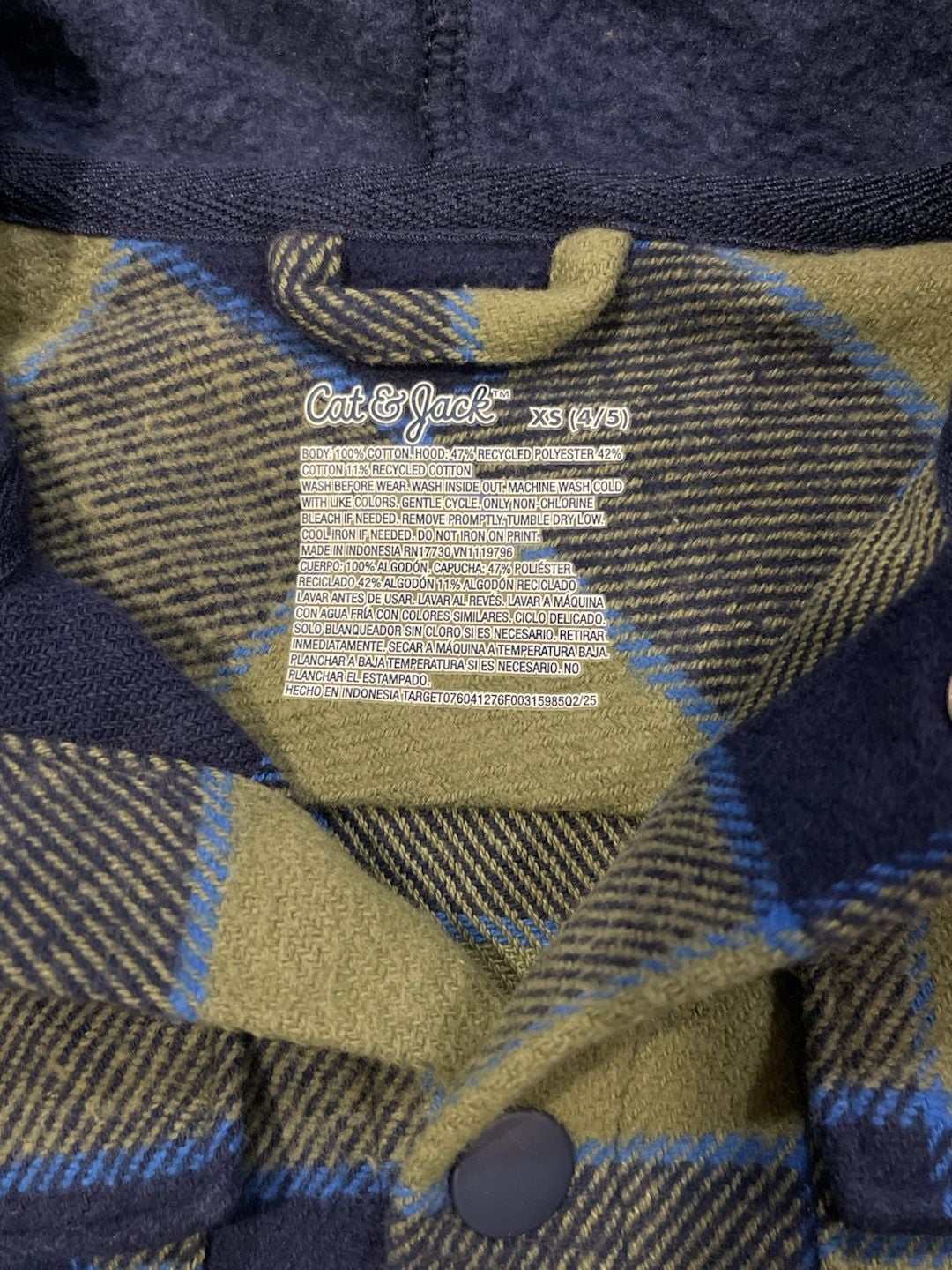 Cat & Jack Boys Green/Navy Plaid Hooded Flannel Shirt Jacket XS 4/5 3