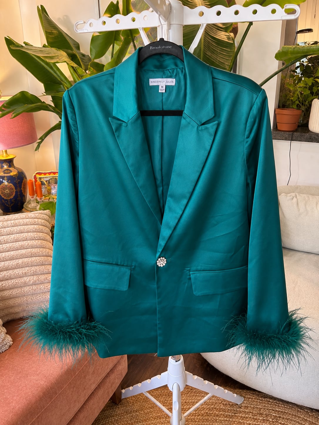 Sincerely Jules Emerald Green Satin Feather Cuff Sleeves Blazer Womens Medium Jewel Button 2