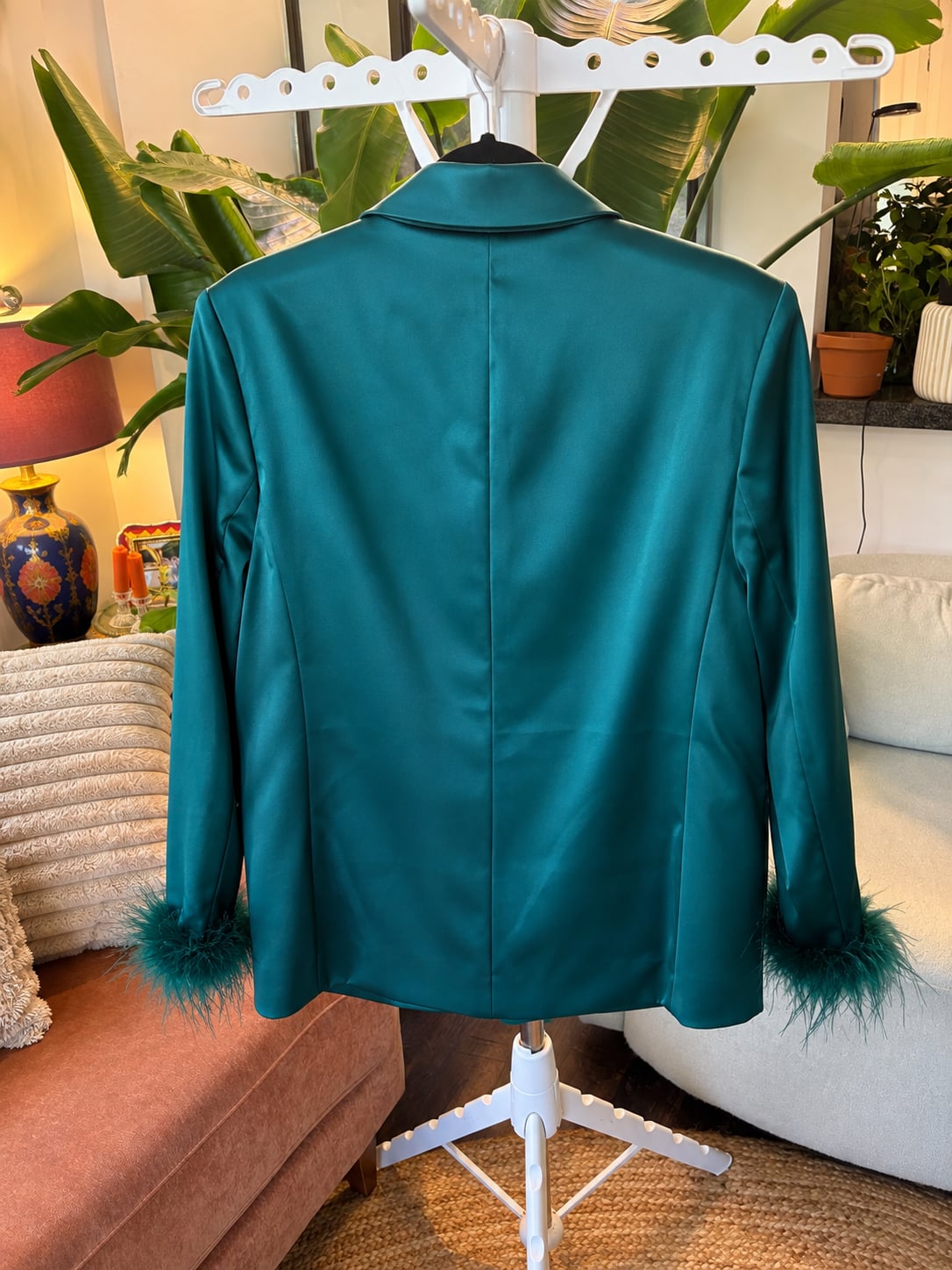 Sincerely Jules Emerald Green Satin Feather Cuff Sleeves Blazer Womens Medium Jewel Button 3