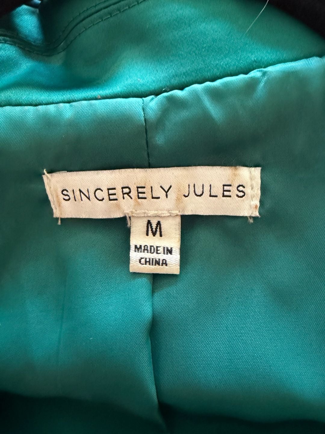 Sincerely Jules Emerald Green Satin Feather Cuff Sleeves Blazer Womens Medium Jewel Button 4