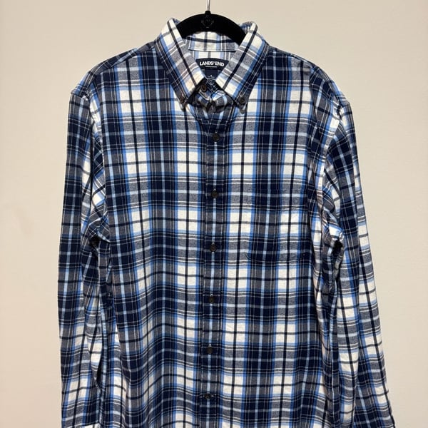 Lands' End Men's Deep Sea Pale Blue Plaid Flagship Flannel Size S