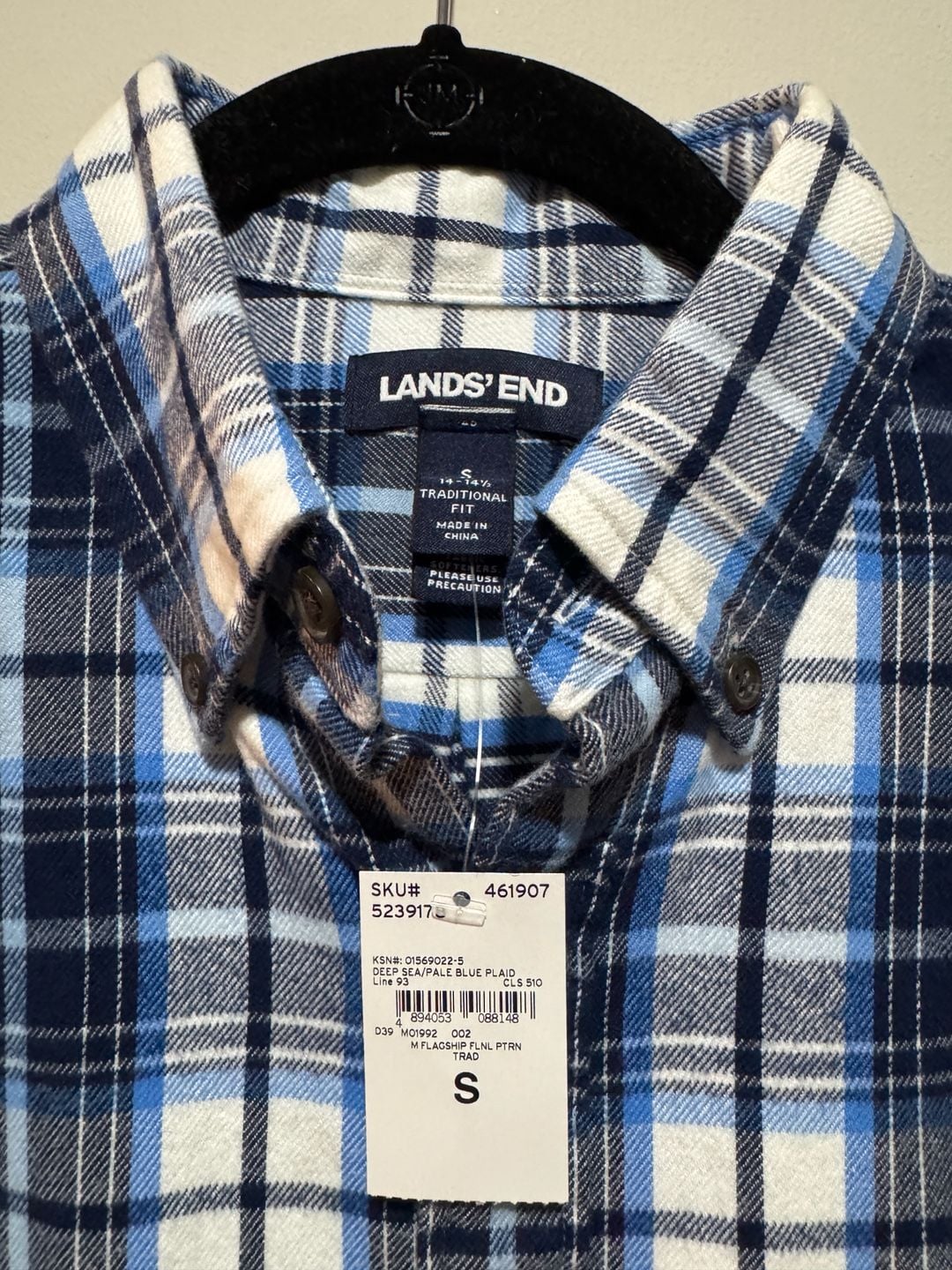 Lands' End Men's Deep Sea Pale Blue Plaid Flagship Flannel Size S 5