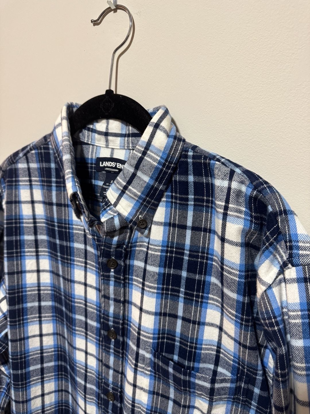 Lands' End Men's Deep Sea Pale Blue Plaid Flagship Flannel Size S 6