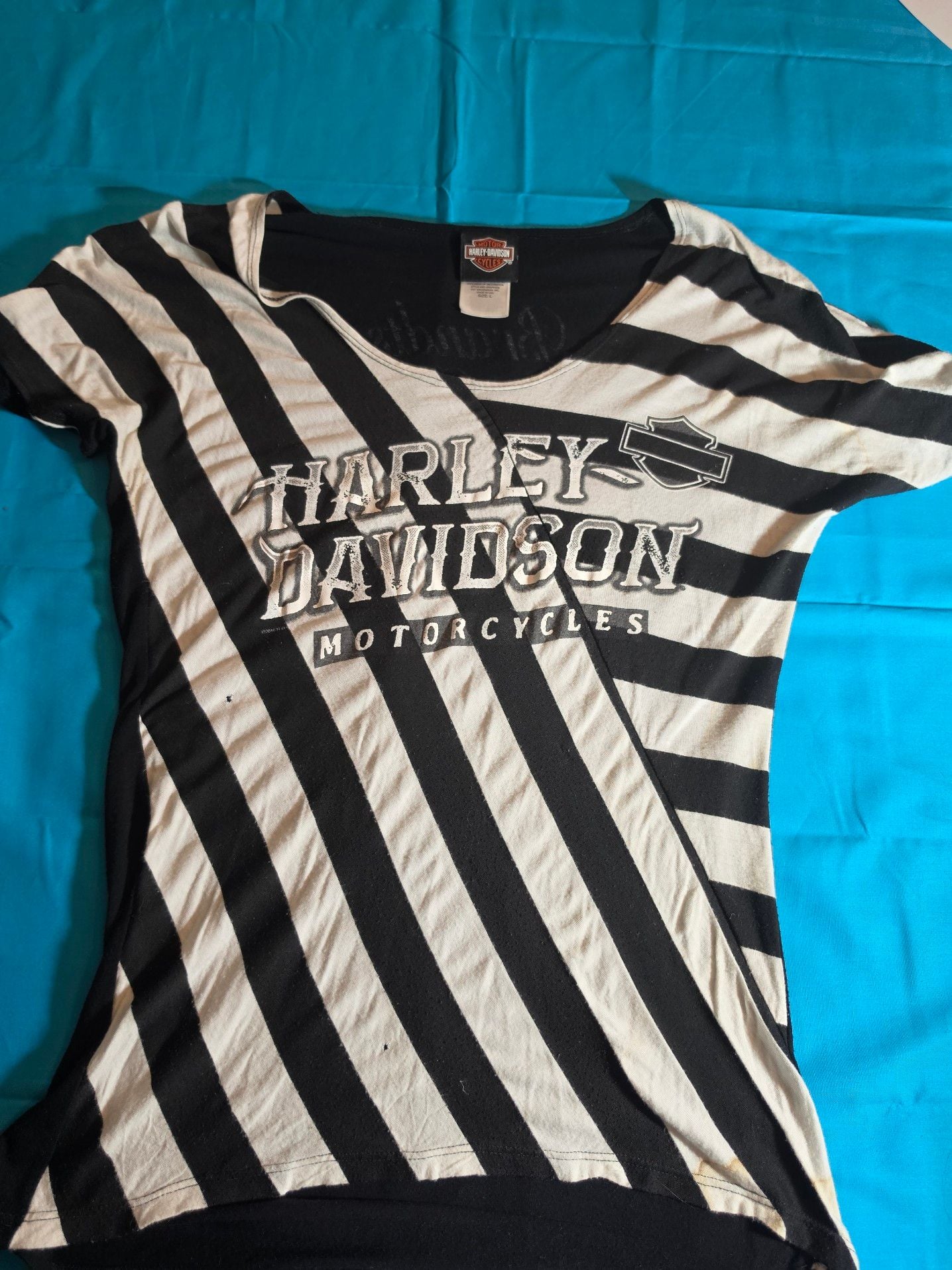 Harley-Davidson Women's Black and White Striped Short Sleeve Graphic Tee Size L Brandt's Wabash IN 2