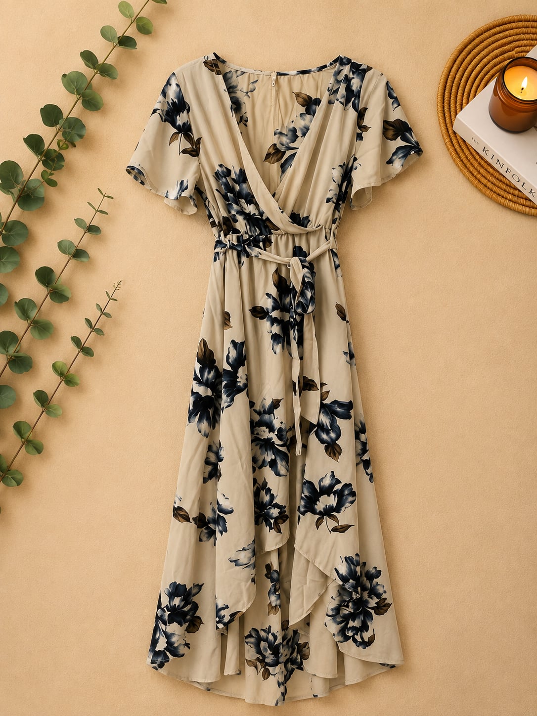 Vici Floral High-Low Wrap Dress Short Sleeve Cream and Blue 2