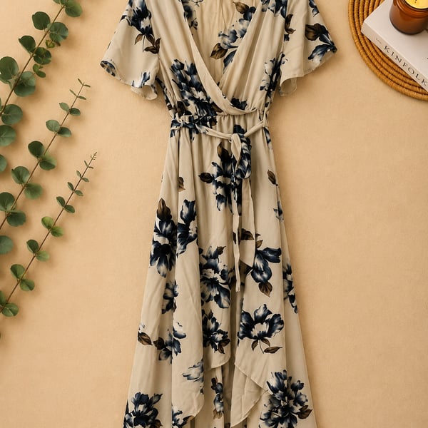 Vici Floral High-Low Wrap Dress Short Sleeve Cream and Blue