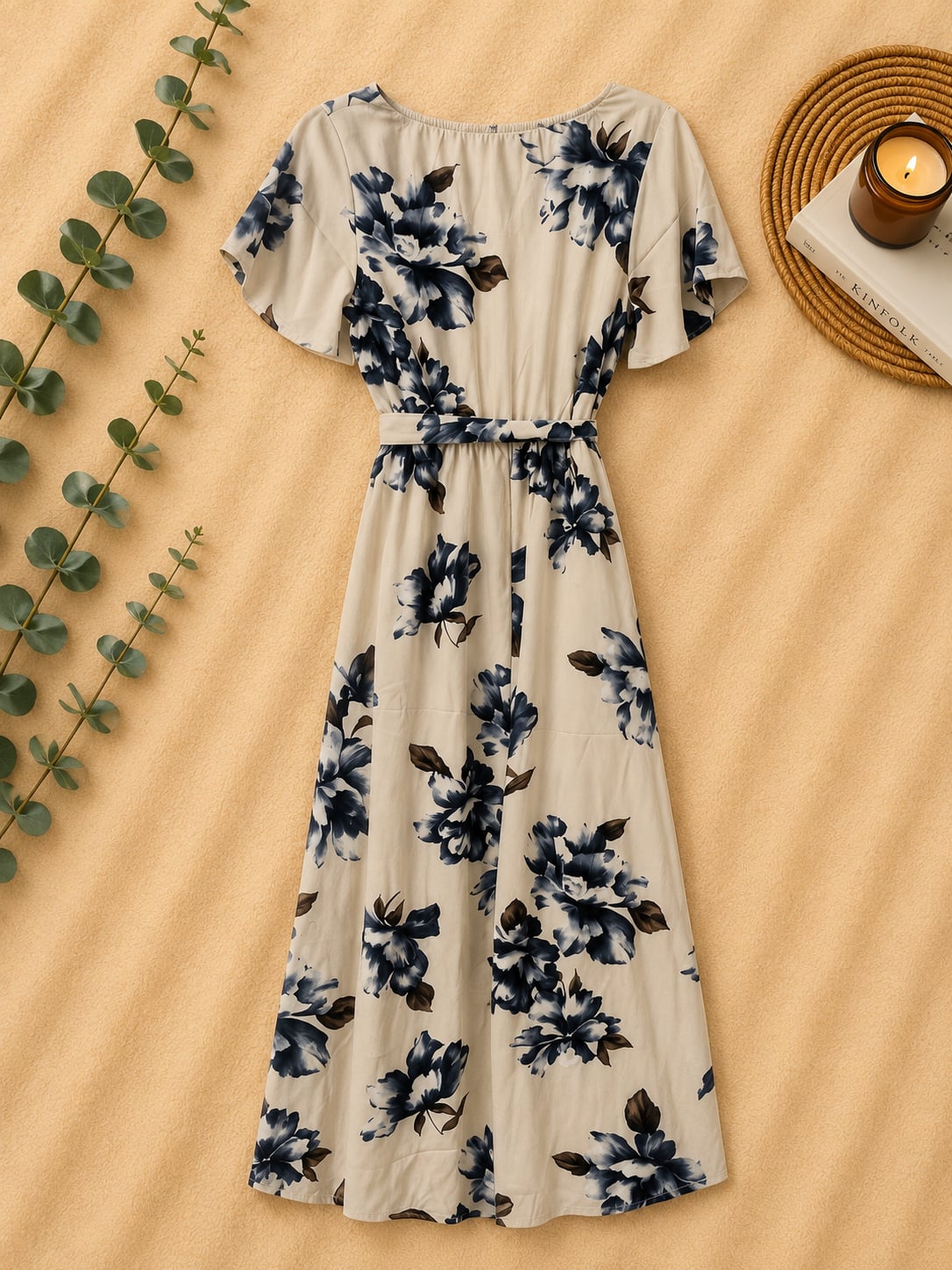 Vici Floral High-Low Wrap Dress Short Sleeve Cream and Blue 3