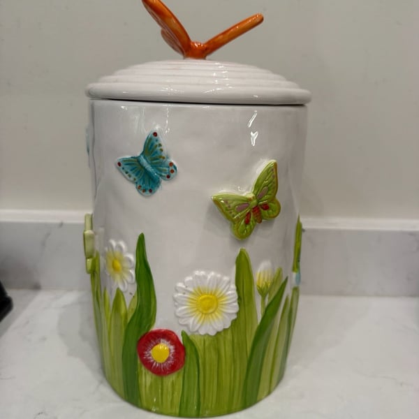 Vintage Ceramic Butterfly and Daisy Floral cookie Jar with Orange Butterfly Lid