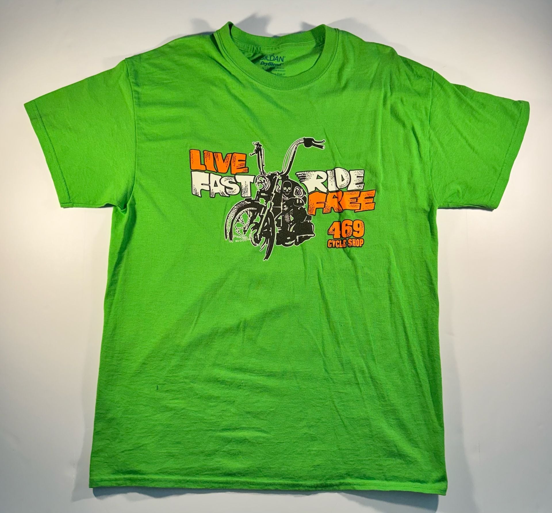Gildan DryBlend 469 Cycle Shop Live Fast Ride Free Green Biker T-Shirt 2