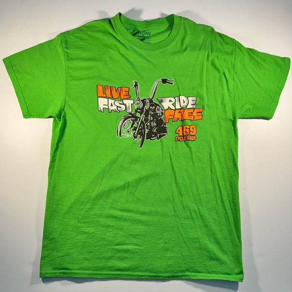 Gildan DryBlend 469 Cycle Shop Live Fast Ride Free Green Biker T-Shirt