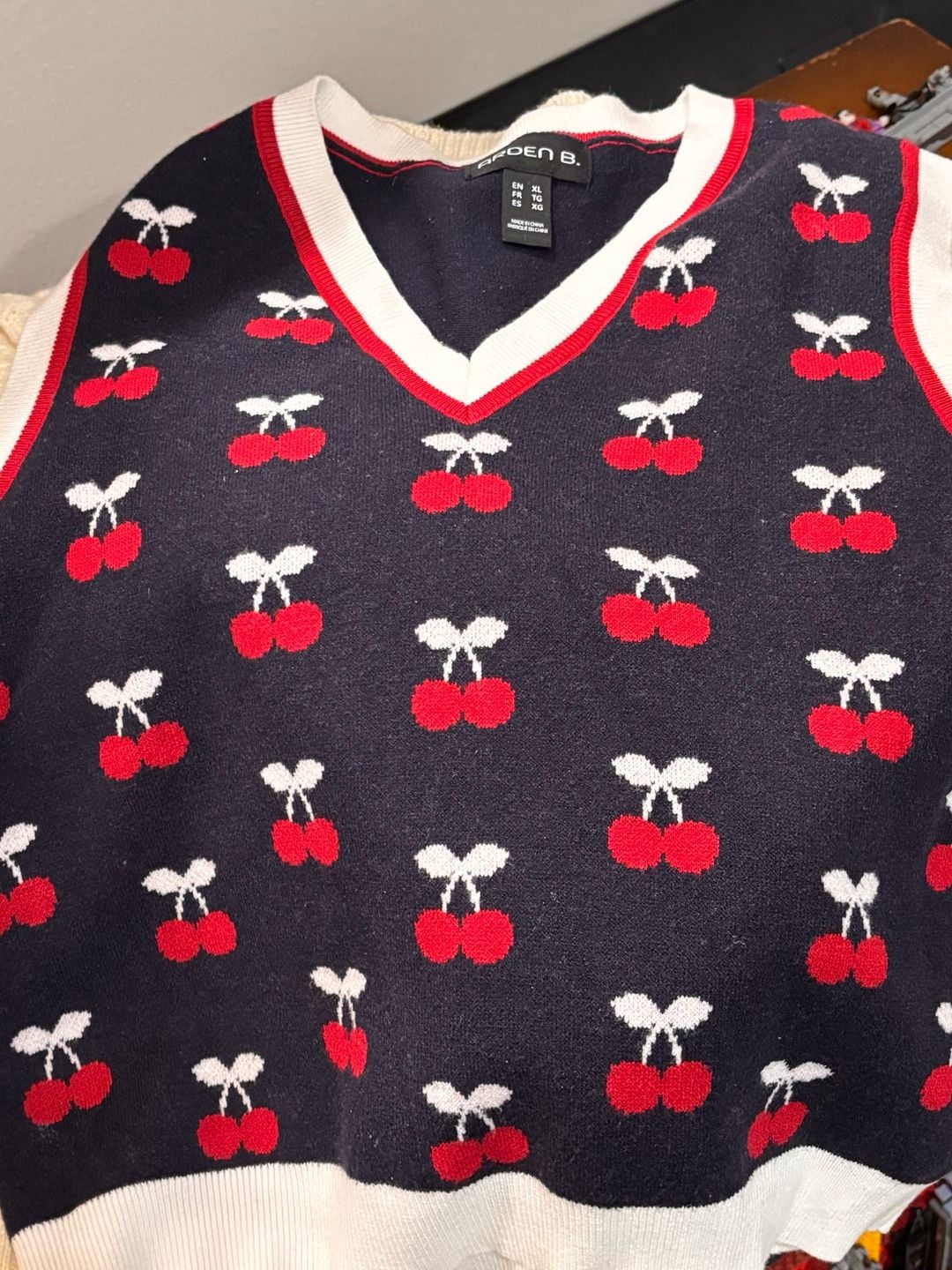 Arden B. Navy Cherry Print V-Neck Sweater Vest 1