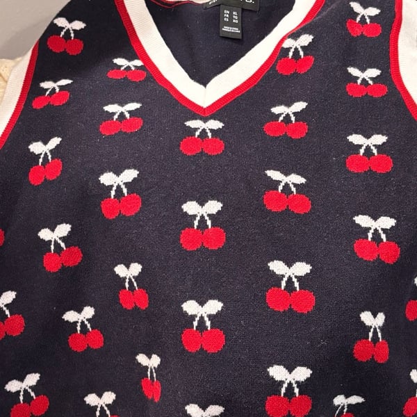 Arden B. Navy Cherry Print V-Neck Sweater Vest