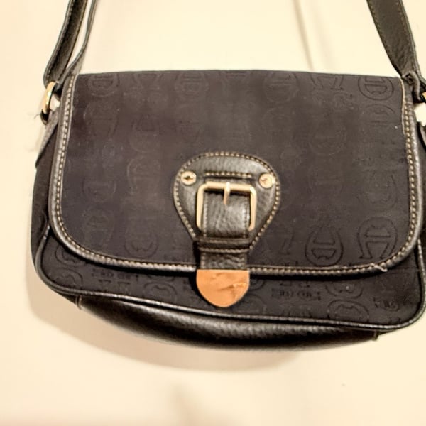 Etienne Aigner Black Monogram Logo Print Fabric and Leather Flap Shoulder Crossbody Bag