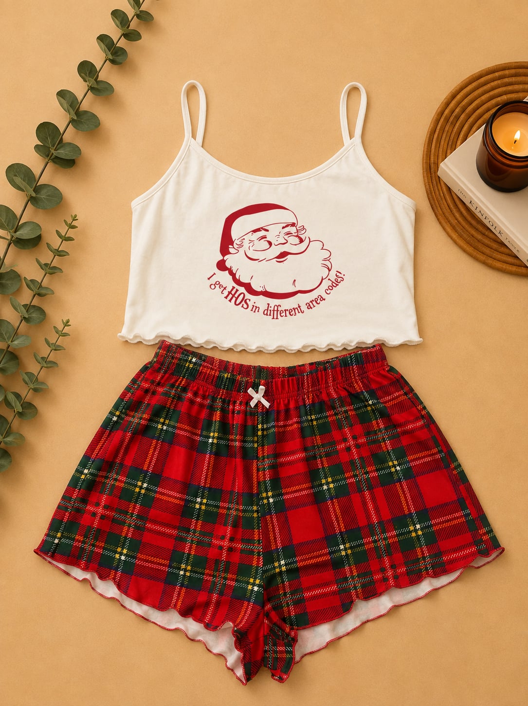 Christmas Santa Graphic Cami Top and Tartan Print Shorts Pajama Set 1