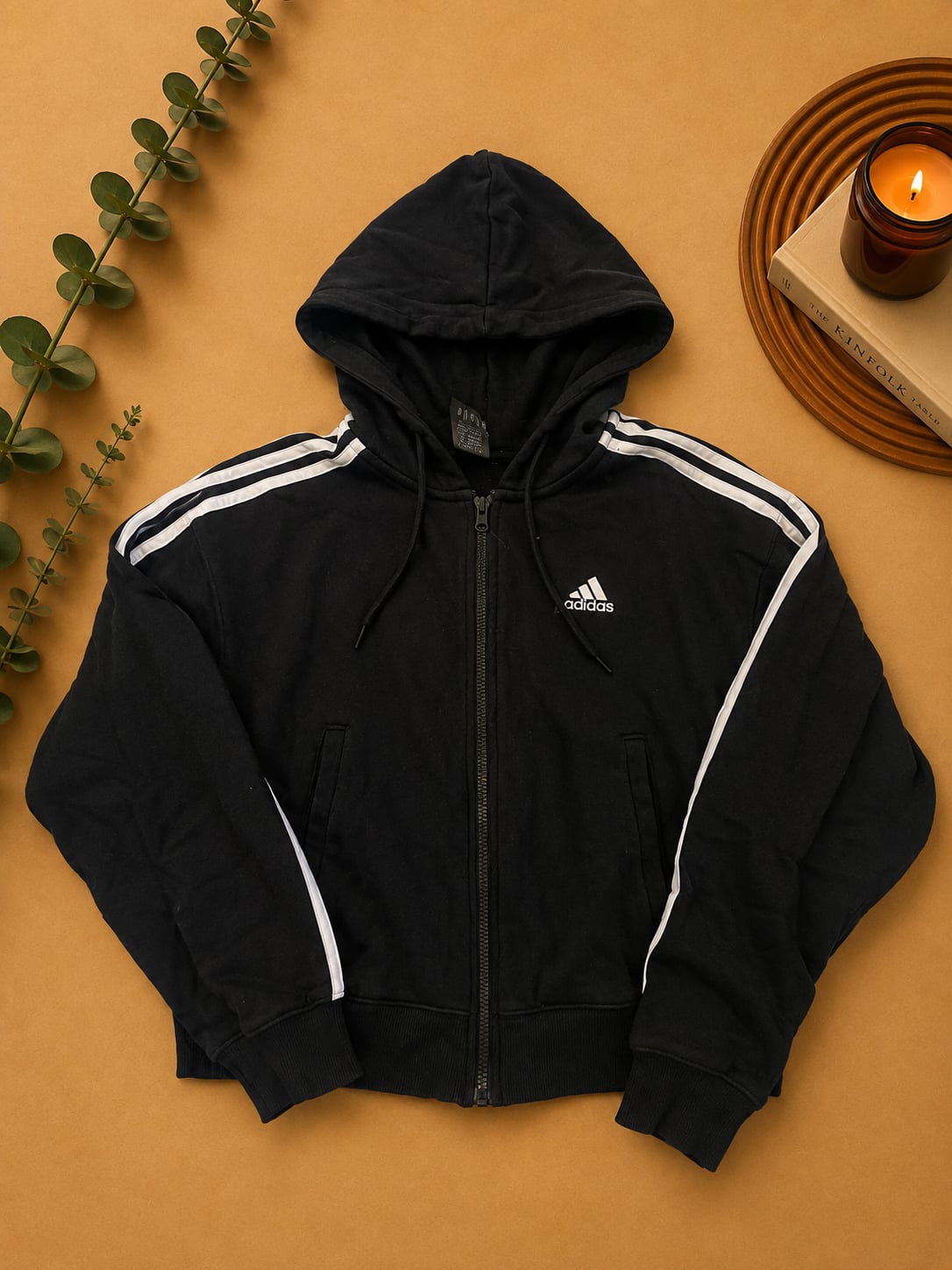 Adidas Black and White 3-Stripes Full-Zip Hoodie 2
