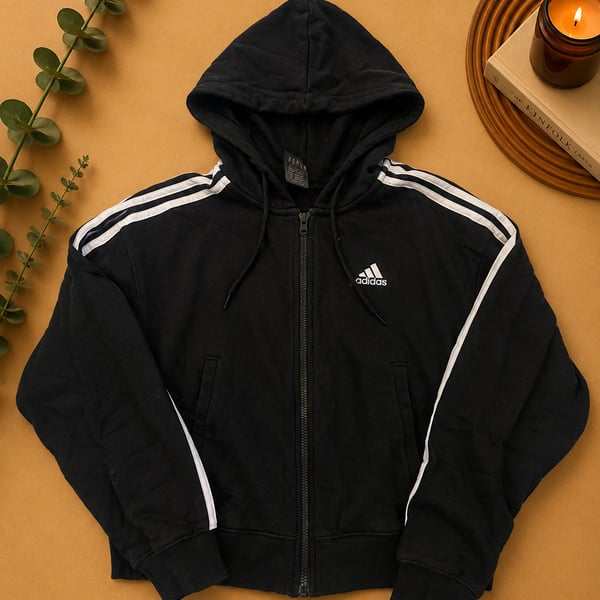 Adidas Black and White 3-Stripes Full-Zip Hoodie