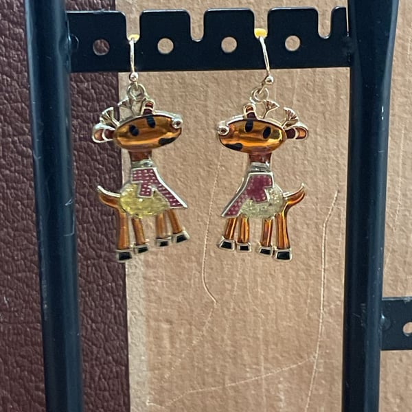Enamel Christmas Reindeer Drop Dangle Pierced Earrings with Red Scarf and Gold Tone Hardware