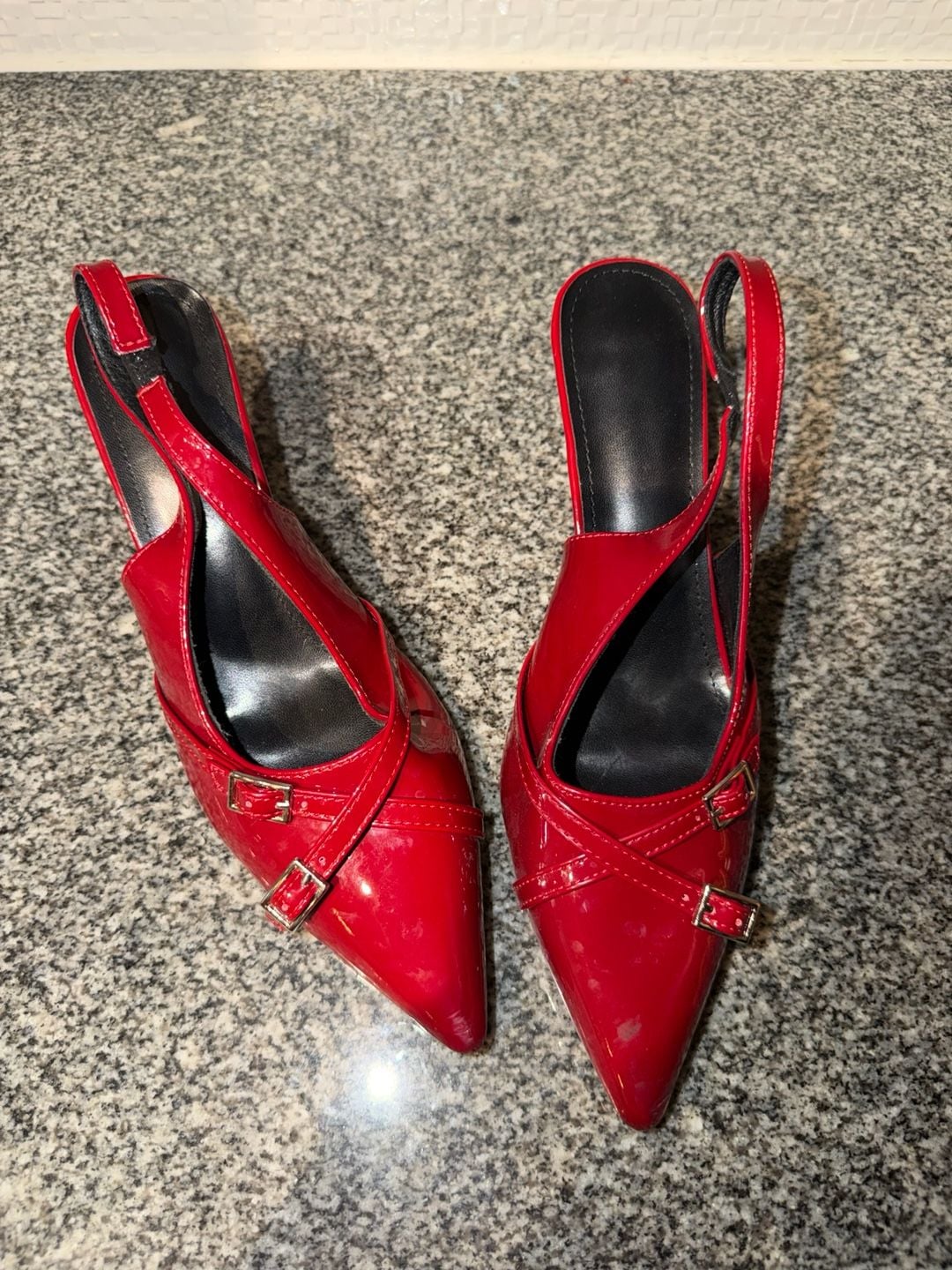 Red Patent Leather Pointed Toe Kitten Heel Slingback Shoes with Buckle Straps 2