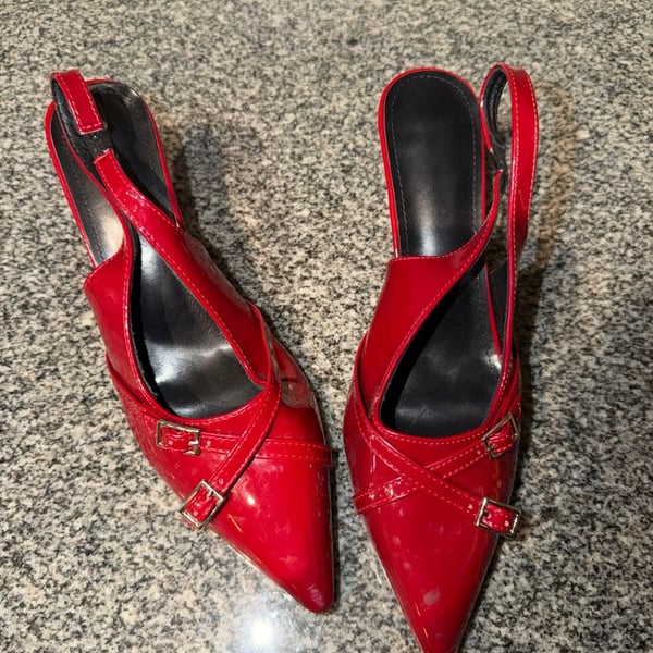 Red Patent Leather Pointed Toe Kitten Heel Slingback Shoes with Buckle Straps