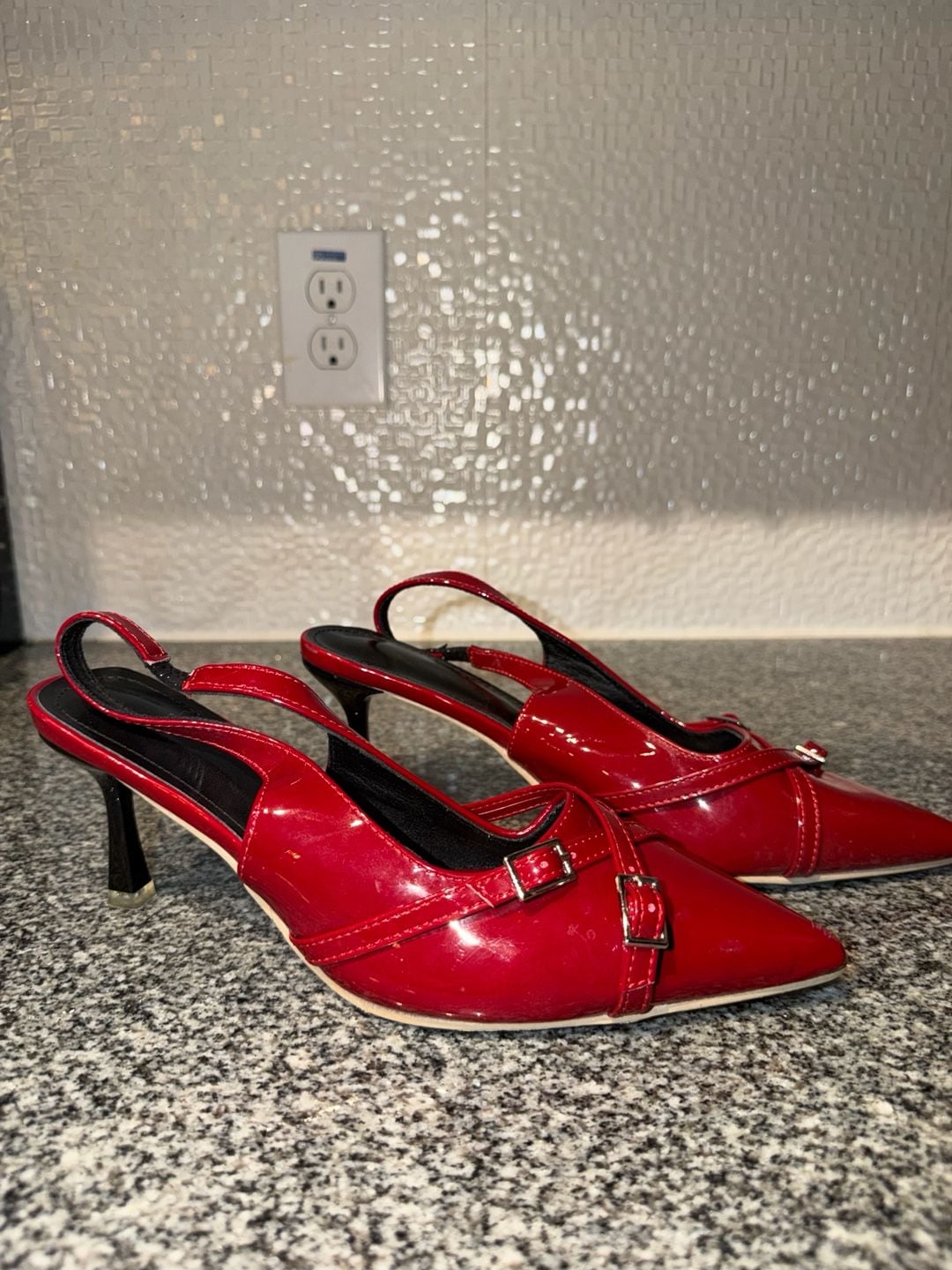Red Patent Leather Pointed Toe Kitten Heel Slingback Shoes with Buckle Straps 3