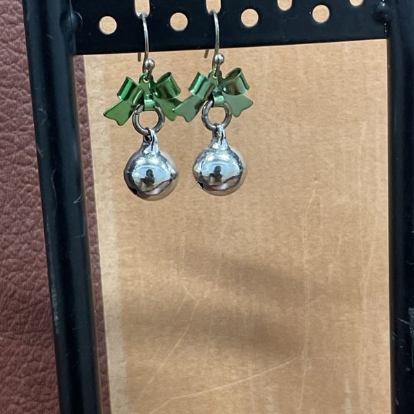 Silver-Tone Jingle Bell Earrings with Green Bows