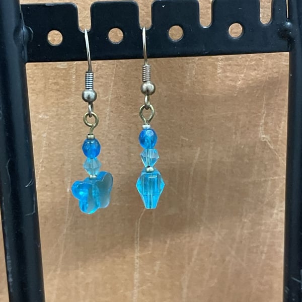 Handmade Turquoise Blue Butterfly Crystal Dangle Earrings