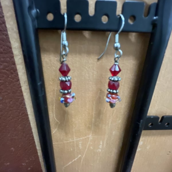 Handcrafted Red Crystal and Glass Bead Dangle Earrings with Silver-Tone Hooks