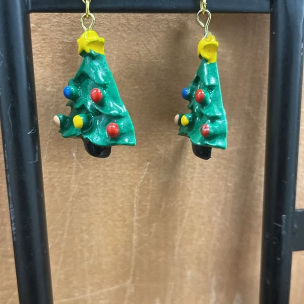 Vintage Ceramic Christmas Tree Pierced Earrings with Yellow Star and Colored Ornaments