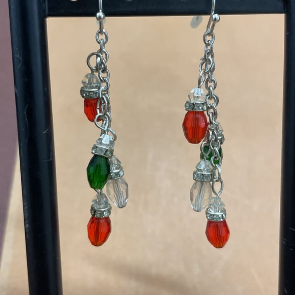 Christmas Light Earrings Red Green Clear Crystal Beaded Dangle