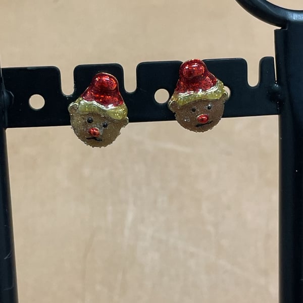 Danecraft Christmas Teddy Bear Reindeer Stud Earrings Glitter Enamel