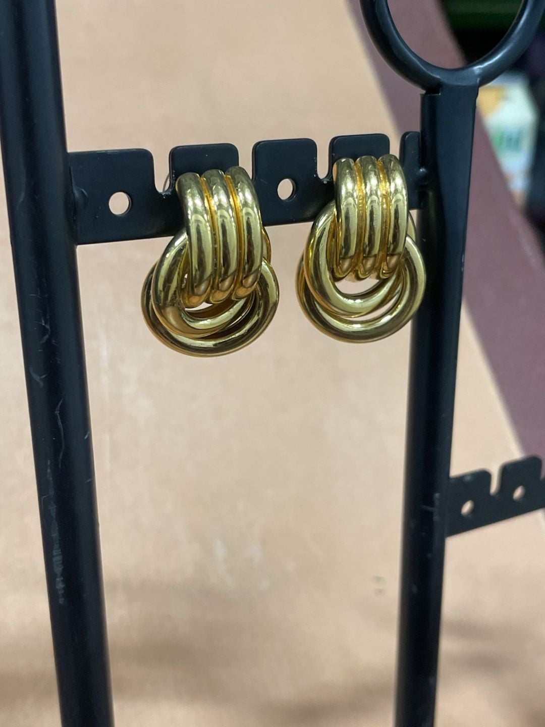 Vintage Gold Tone Triple Hoop Drop Earrings 2