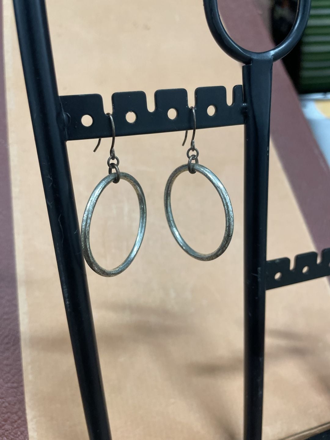 Oxidized Silver Hammered Open Circle Dangle Hoop Earrings 2
