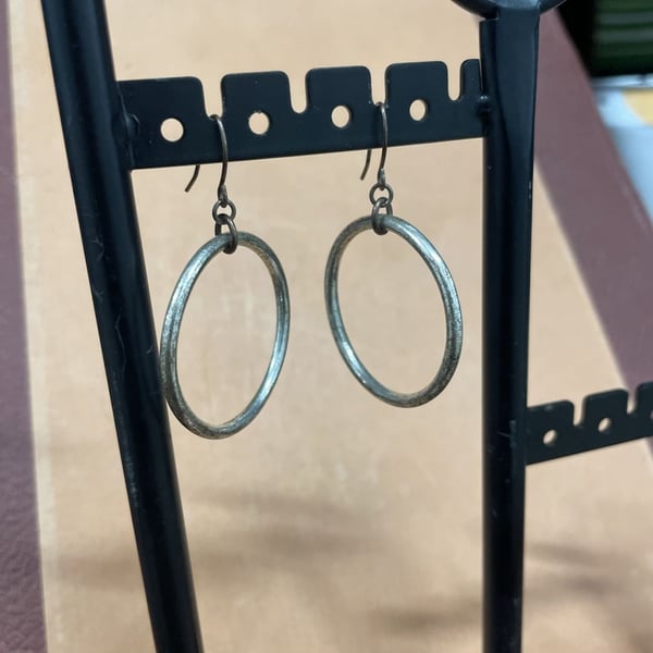 Oxidized Silver Hammered Open Circle Dangle Hoop Earrings