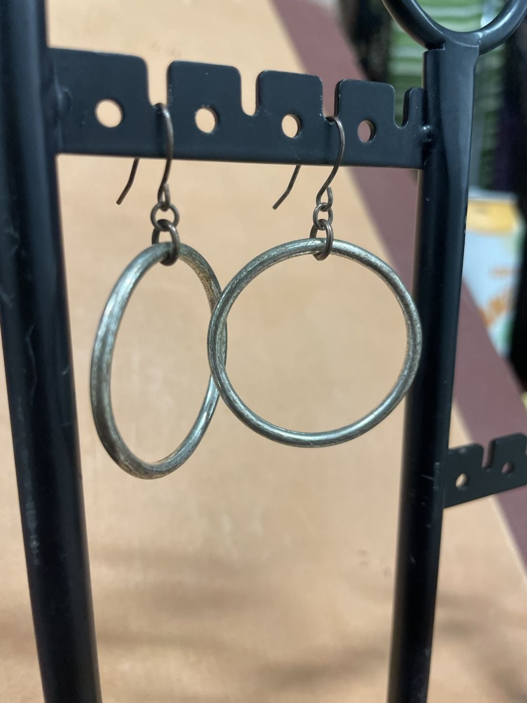 Oxidized Silver Hammered Open Circle Dangle Hoop Earrings 3